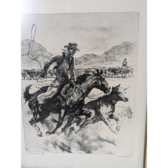 Framed Cowboy Art Print "Heading Them Off" By R.H. Palenske Wood Frame - Picture 7 of 16